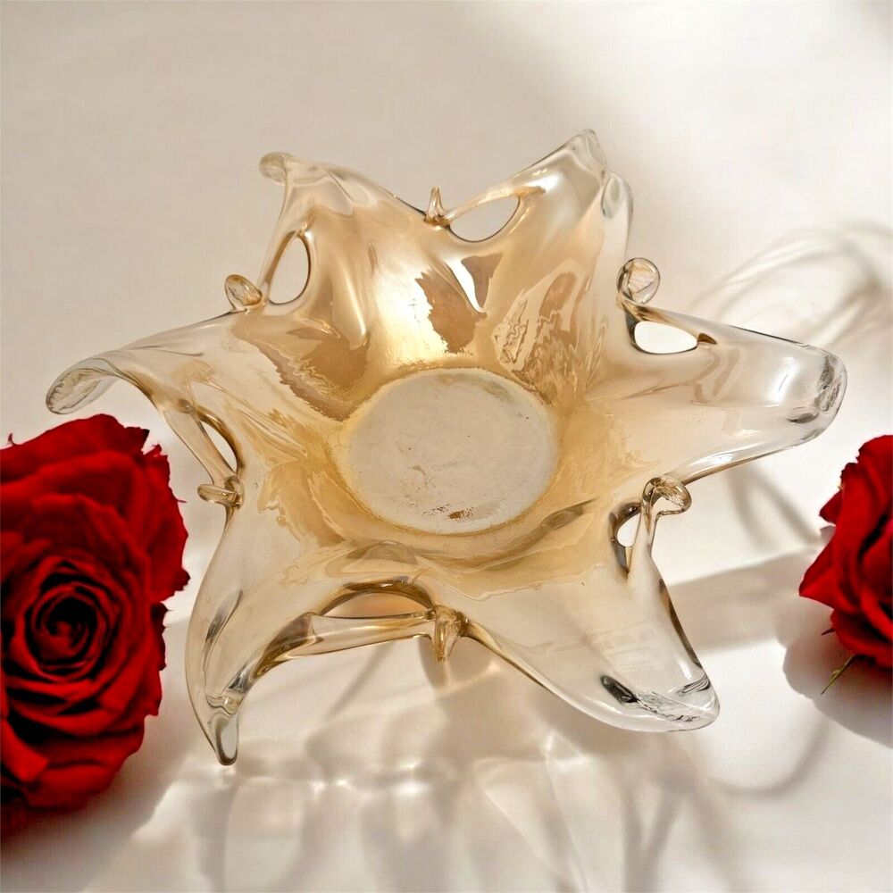 Vintage Murano Art Glass Candy Dish 14-Inch Beige Star-Shaped Bowl Hand Blown